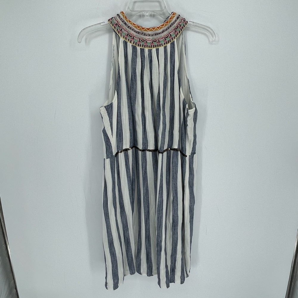 THML Women's Blue Striped Embroidered Halter Neck‎ Mini Dress Size Large
